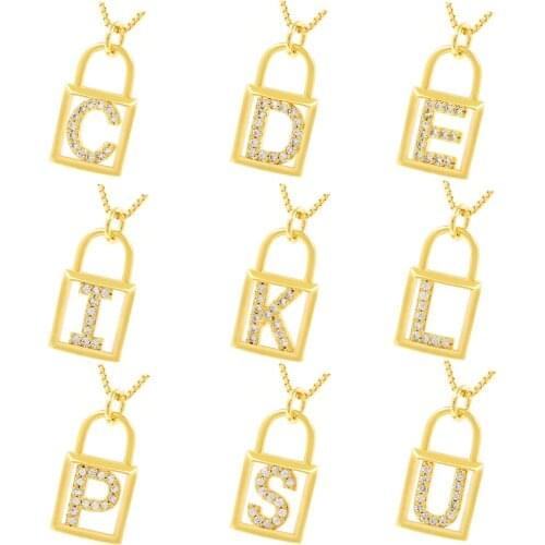2021 Fashion Style Gold Initial Letter Name Gold Color Paperclip Chain Engraved Lock Alphabet Pendant Necklaces Women Men Gifts