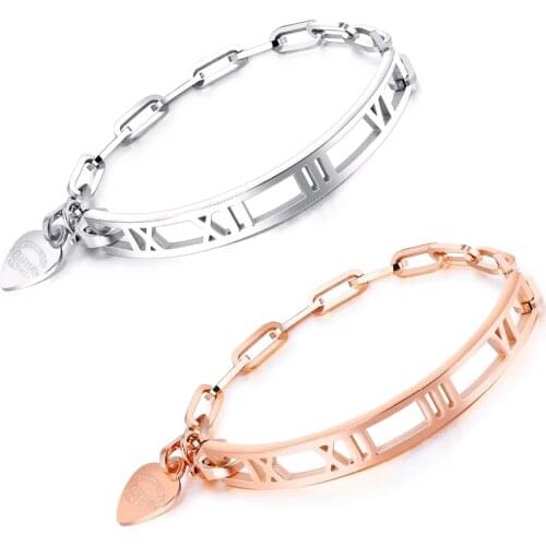 Fashion Roman Number heart Pendant Stainless Steel Bangles Bracelet For Women Rose Gold Color/steel Chain Jewelry Female Gift
