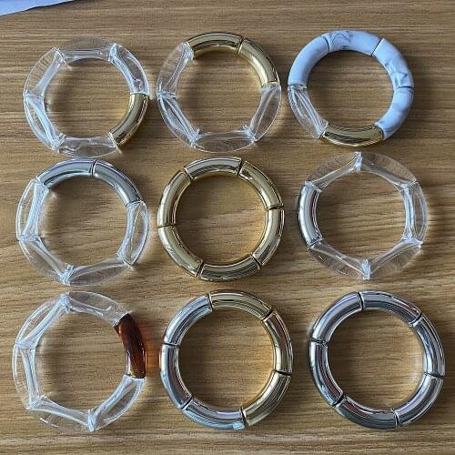 New Clear Beads Acrylic Braceles For Women Elastic Gold Color Curved Cuff Resin Beaded Charm Bracelet Bangles Fashion Jewelry