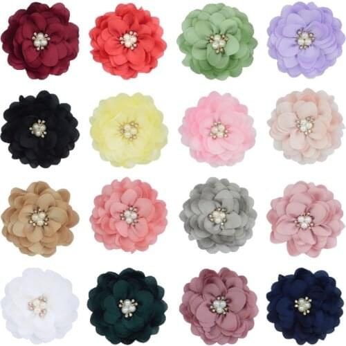 Purchase of 8cm Hot New Kids Chiffon Flowers 100pcs/lot Diamond Pearl Flowers WITHOUT CLIP For Girls Headwear Free Shipping