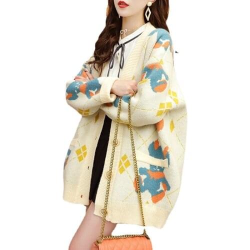 Autumn and winter knitted sweater panda cartoon print V-neck pocket cardigan single-breasted street long-sleeved loose top