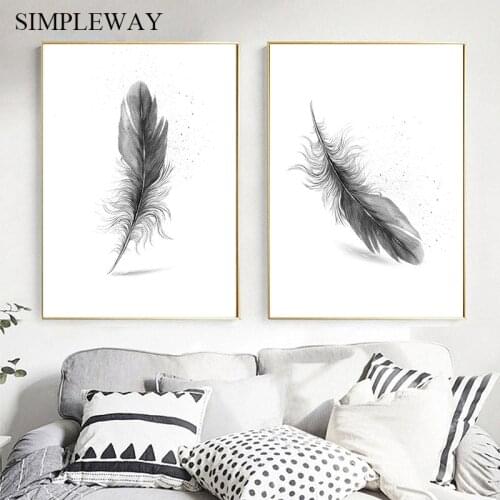Watercolor Feather Black White Poster Nordic Abstract Canvas Print Simplicity Painting Wall Art Picture for Living Room Decor
