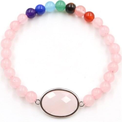 Silver Plated Oval Shape Section Rose Pink Quartz Round Beads Stretchy Bracelet Healing Chakra Reiki Jewelry