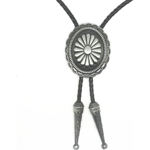 Western Cowboy Bolo Tie Daisy 3D Retro Pattern Zinc Alloy Leather Collar Rope Birthday Banquet Wedding Gift