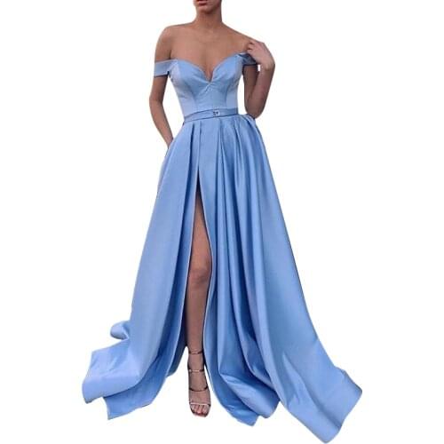 Off Shoulder Long Prom Dress with Slit Satin Pockets Zipper 2020 vestido de fiesta Evening Dress Party Dresses Formal Gowns