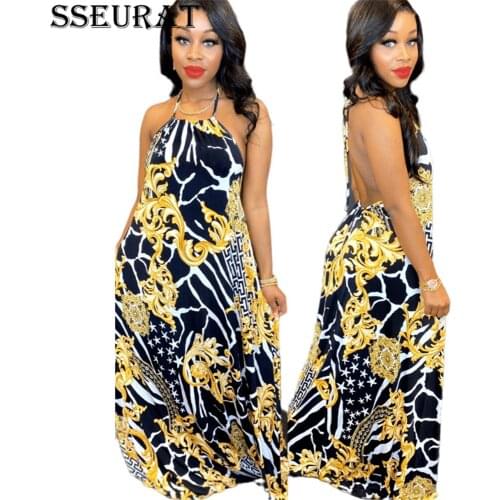 SSEURAT Long Dress Women Print Spaghetti Strap Halter Back Hollow Out Loose Floor-length Dresses Sexy Party Fashion Vestidos