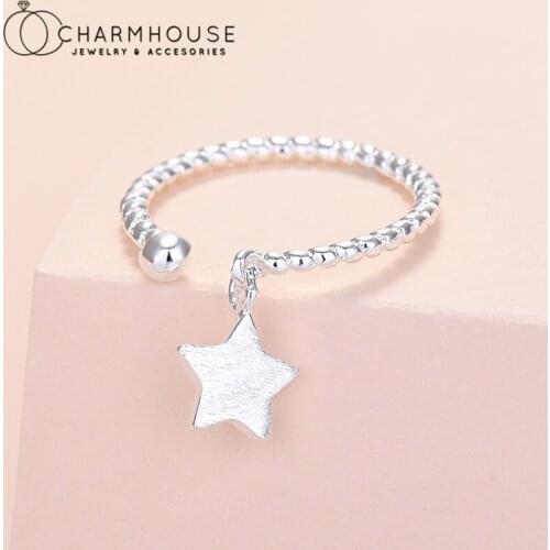 Pure Silver Finger Rings For Women Star Pendant Open Ring Anillo Bague Femme Trendy Jewelry Accessories Bijoux Party Gifts