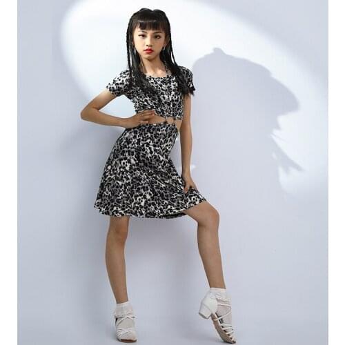 Fashion Neck Strap Hollowout Summer Girls Latin Dance Dress Metal Ring Practice Dance Costumes Leopard Kids Ballroom G3479