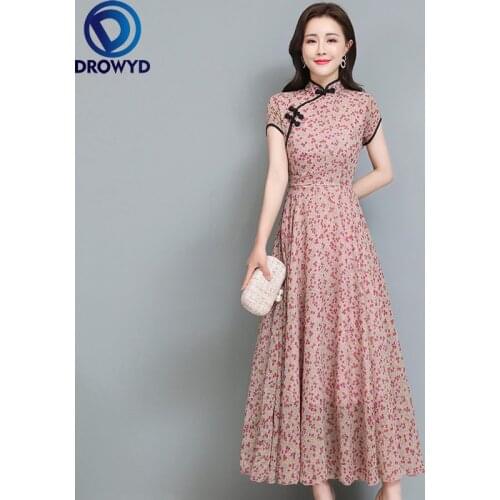 Summer Slim Long Dress Women Stand Collar Short Sleeve Ladies Chinese Style Cheongsam Clothing Pink Paint Elegant Party Vestidos