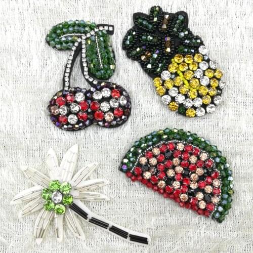1Pcs Coconut Tree Fruit Sequins Rhinestones Bead Brooch Patches Applique Sew on Beading Clothes Shoes Bags Decoration Patch DIY