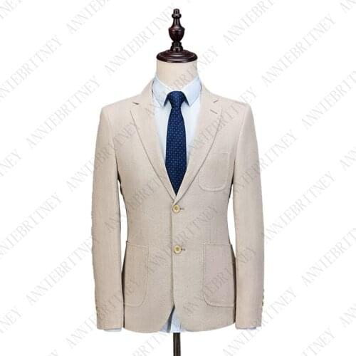 ANNIEBRITNEY 2019 Latest Inory Beige Linen Men Suit Set Tuxedo Slim Fit Summer Beach Wedding Blazer Custom Big Size Suit for Men