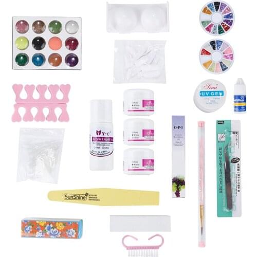 1 set Glitter Acrylic Powder Liquid Glitter Clipper Primer Glue Brush Colour Drill Natural White False Acrylic French Tips