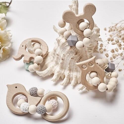 Baby Silicone Nursing Bracelets Wood Teether Silicone Beads Teething Hand Weave Teether Bracelets Wood Rattles Nursing Toys Gift
