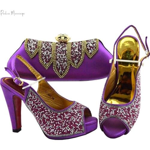 Purple Mature Italian Women Shoes And Bag To Match Set African Comfortable in Heels for Party Shoes And Bag Set For Wedding