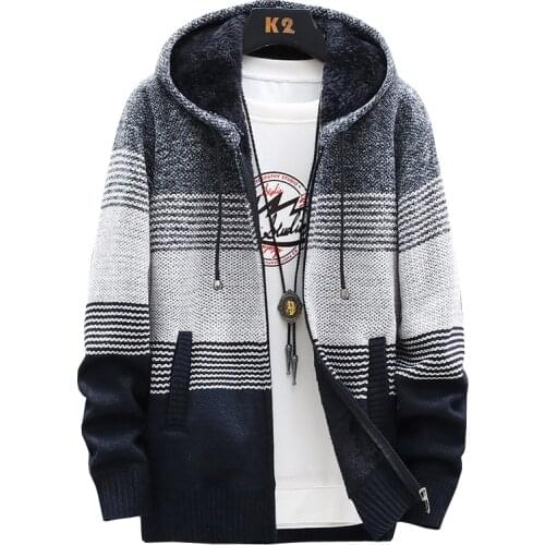 Fleece Sweaters for Men Winter Warm Knitted Slim Casual Hooded Thick Coat 2021 Cardigans Outerwear
