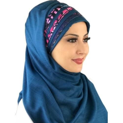 Islamic Fashion Muslim Women Hijab 2021 Trend Single Size Bathing Cap Beret Ready Shawl Scarf Buckle Hat Blue Hijab Shawl