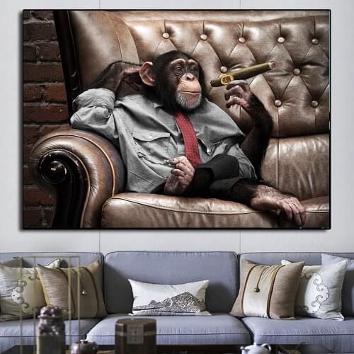 MUTU Monkey Gorilla On Sofa Smoking Pictures Canvas Painting Wall Art for Living Room Home Decor Animal Posters Prints No Frame