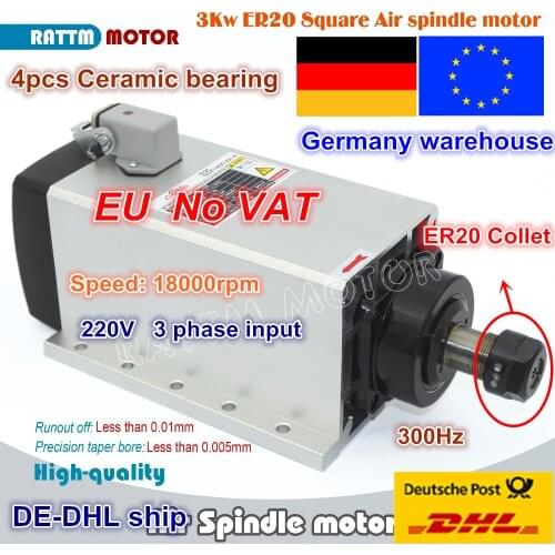 Square 3kw Quanlity Air cooled spindle motor ER20 220V runout-off 0.01mm,4 Ceramic bearing,CNC Engraving milling grind