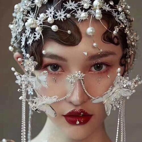 Fashion Lolita Fairy Eyeglass Frame Butterfly Glasses Headwear Pearl Tassels Bead Chain Model Show Studio Photo Shoot Decoration