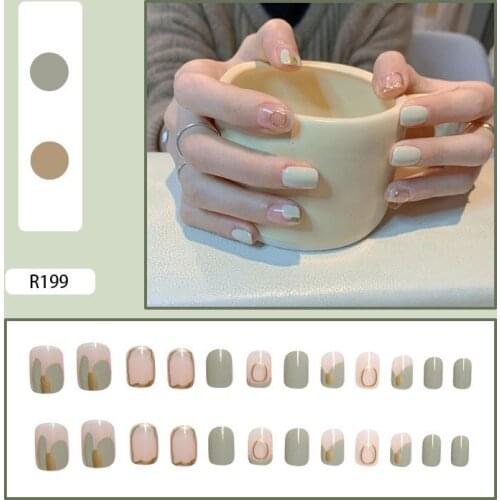 24PCS Fake Nails With Glue Shell Inlaid Nude Gold Leaf Detachable Round Head French Nails DIY Nail Art Decoration For Manicures