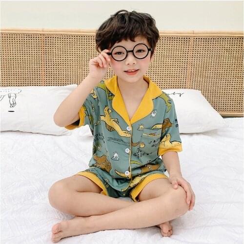 BINIDUCKLING Summer Kids Boys Pajamas Set Printed Short Sleeves Pure Cotton Toddler Sleepwear Child Boy Pyjamas Set