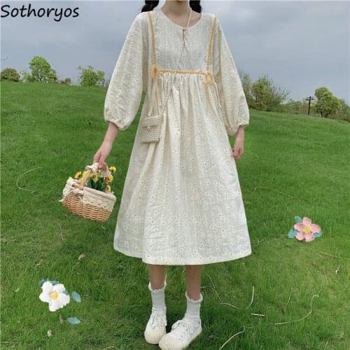 Women Long Sleeve Dress Sweet Cute Print Flowers Preppy Loose High Waist Tender Stylish Popular Teen Girls Lace-up Bow Retro New