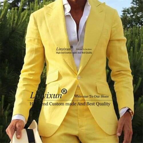 Yellow Casual Men Suits Slim Fit for Wedding Groom Tuxedo Prom Blazer Male Fashion Set Costume Homme 2 Piece (Jacket+Pants)
