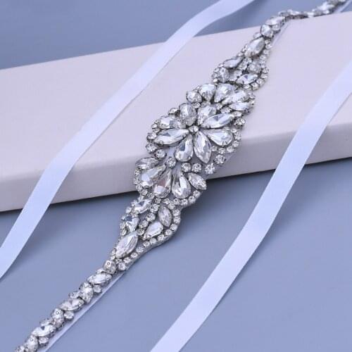 ZMS489 Silver Rhinestone Crystal Bridal Belt Wedding Girl Clothes Accessories Fine Ribbon Woman Dress Shiny Sash