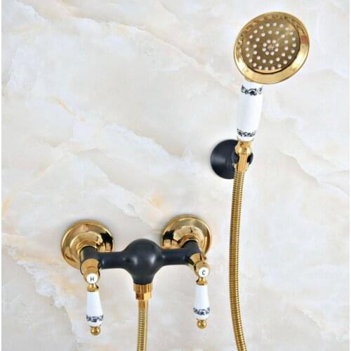 Luxury Gold Color Brass Black Oil Rubbed Bronze Wall Mounted Bathroom Hand Held Shower Head Faucet Set Bath Mixer Tap mna506