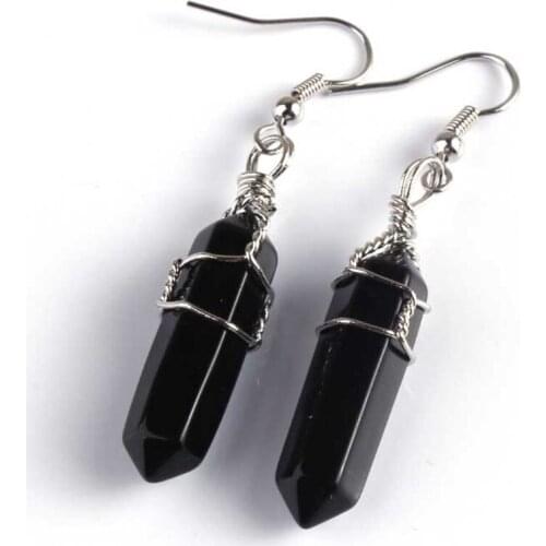 Trendy-beads Silver Plated Wire Wrap Black Onyx Hexagonal Column Dangle Earrings For Women Jewelry