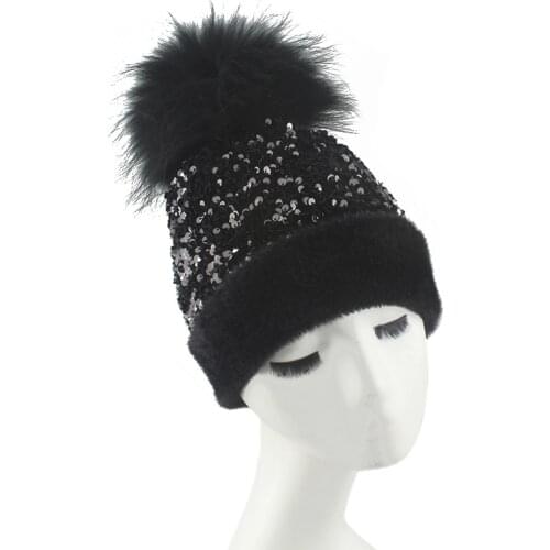 Brand Winter Warm Knitted Beanies Hats Women Bling Sequins Beanie Skullies Real Fur Pompom Hat Female Bonnet Beanie Caps