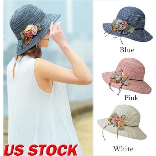 2020 Summer Womens Hat Floppy Straw Hats for Women Ladies Wide Brim Beach Hat Sun Foldable Cap Floral Random Color