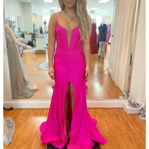 Sexy Long V-Neck Satin Evening Dresses with Slit Mermaid Spaghetti Corset Back Rose Red Abendkleider Robes De Soirée for Women