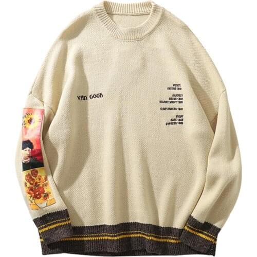Hip Hop Sweater Pullover Men Van Gogh Painting Embroidery Knitted Sweater Harajuku Streetwear Tops Casual Pullover