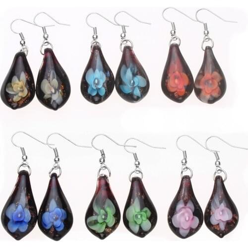Yingwu 6 Pairs Womens Handmade Water Drop Murano Lampwork Glass Mix Color Womens Flower Glass Earrings Summer Vocation gift