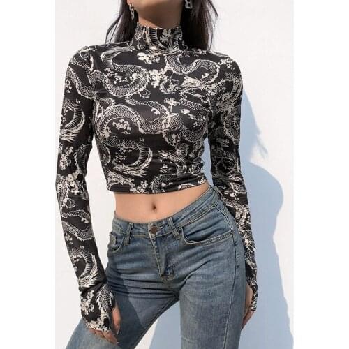 Dragon Print Turtleneck T Shirt Casual Fashion Spring Autumn Women T Shirt 2021 Streetwear Long Sleeve Bodycon Women T Shirt