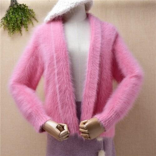 Female women fashion sweet pink hairy plush mink cashmere knitted slim cardigan angora fur winter jacket coat sweater pull tops
