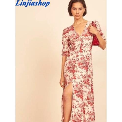 Vintage Split Women Midi Dress Sexy V Neck Red Hollow Out Floral Print Vestidos Retro Short Sleeve Dress