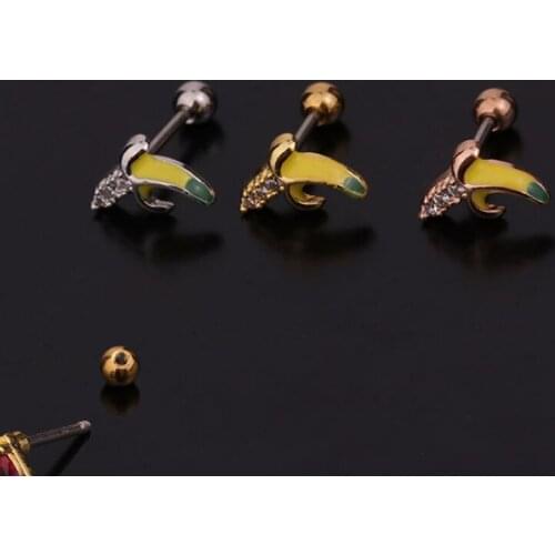 1 PCS Trendy Yellow Banana Shape Mirco Pave CZ Ear Studs Cuff Earrings Cute Small Color Zircon Helix Studs Ear Earrings