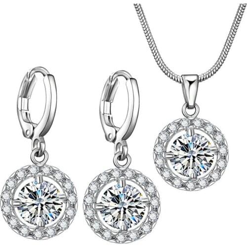 2pcs Korean Fashion Shiney Pendant Round Crystal Earrings Micro Inlay Moissanite Charms Chain Necklace Jewelry Sets For Women