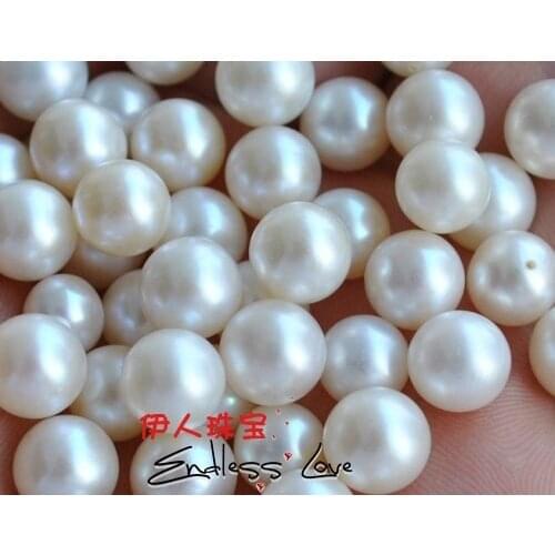 9.5-10mm Size, Freshwater Loose Pearls, NATURAL! Round Shape Beads, White Color, HALF DRILLED+FREE SHIPPING