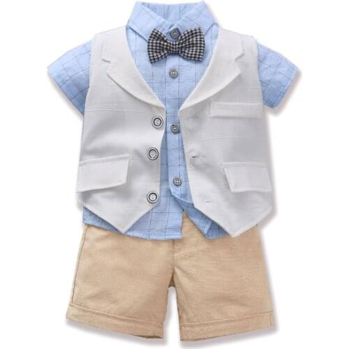 Kids Clothes Toddler Boys Suit Set White Vest + Shirt + Shorts 3 Pieces Outfit 2021 New Arrived Summer Children Costume