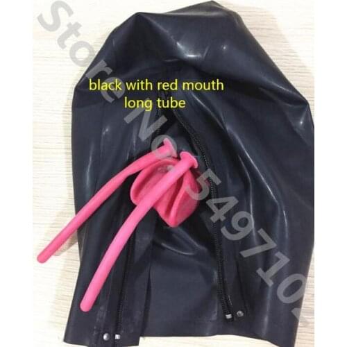 Long Nose Tube Latex Hood with Red Teeth Gag and Long Nasal Tubes Back Zip Fetish Hood with mouth closed