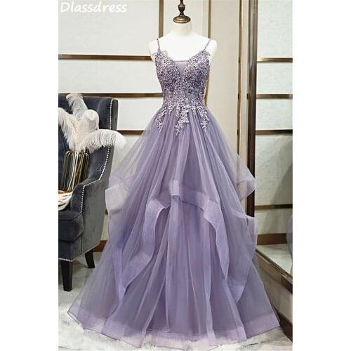 Purple Evening Dresses Spaghetti Straps Appliques Bead Sequin A-line Ruffel V-neck Sexy Illusion Prom Dress платья знаменитостей