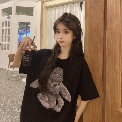 Round neck three-dimensional rabbit print T-shirt womens short-sleeved summer new style college style loose clothing T-shirt