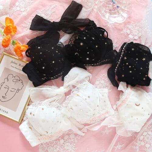 Sexy Sweet Starry Sky Lolita Push Up Underwire Bra & Panties Set Dream Fairy Princess Girl Halter Lace Up Bow Underwear Set
