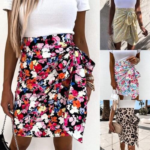 Summer Floral Print Slim Bottoms Irregular Lace-up Mini Skirt Ruffled High Waist Bow Tie Skirt Women Streetwear Boho Wrap Skirts