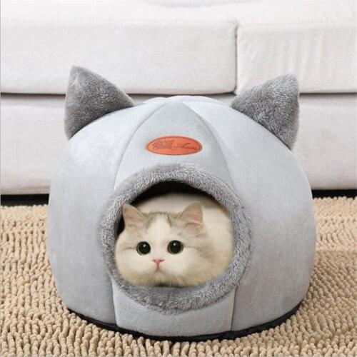 Cute Foldable Cat Bed Nest Indoor Dog House Removable Semi-closed Mattress Cage Cat Ear Shape Velvet Eco-friendly Cloth