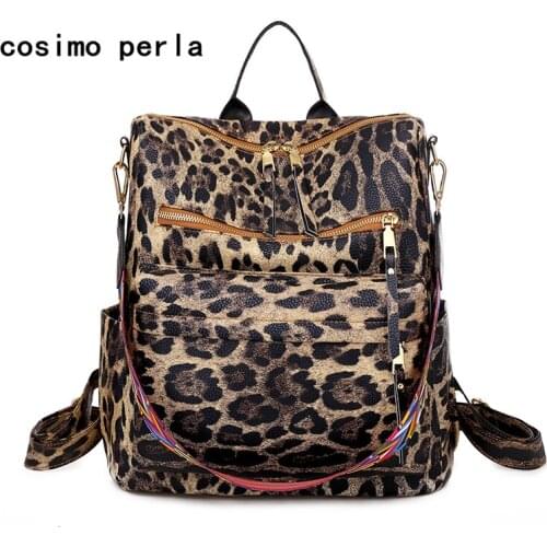 Fashion PU Leather Backpacks for Women 2021Brown Leopard Pattern Travel Shoulder Bag Luxury Designer Animal Prints Bagpack