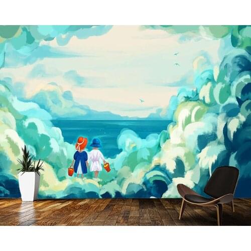 Papel de parede Two children in the clouds cartoon 3d wallpaper mural,living room childrens bedroom wall papers home decor
